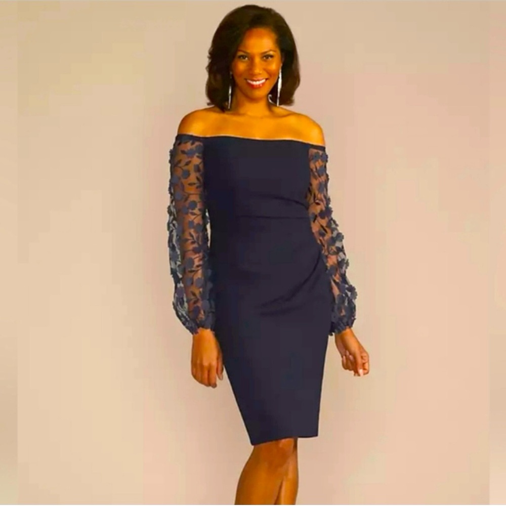 Oleg Cassini Blue Off-the-Shoulder Bishop Sleeve Cocktail Dress NWT
